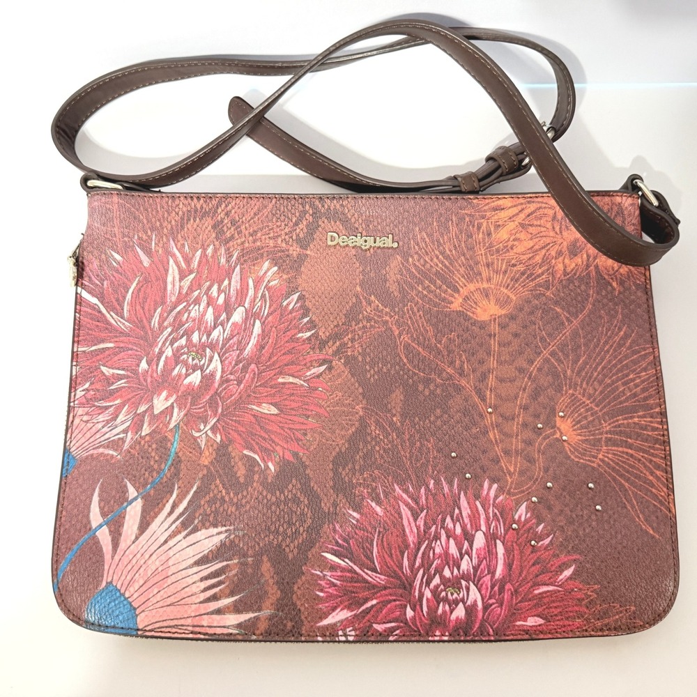 Desigual Floral Snakeskin Print Crossbody Bag Brown Pink Red Expandable